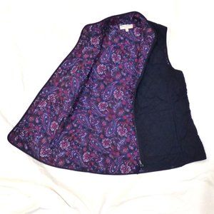 Talbots Navy / Purple Floral Reversible Quilted Zipped Puffer Vest, M
